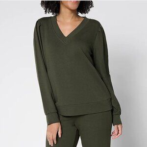 AnyBody Cozy Knit French Terry V Neck Pullover in Dark Forest, L NWOT